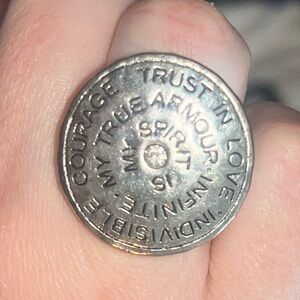 Women’s Big, Cool, Silver Statement Ring w| Words & Jewel in the Middle